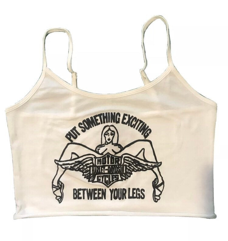 White cropped tank top with a vintage Harley Davidson print