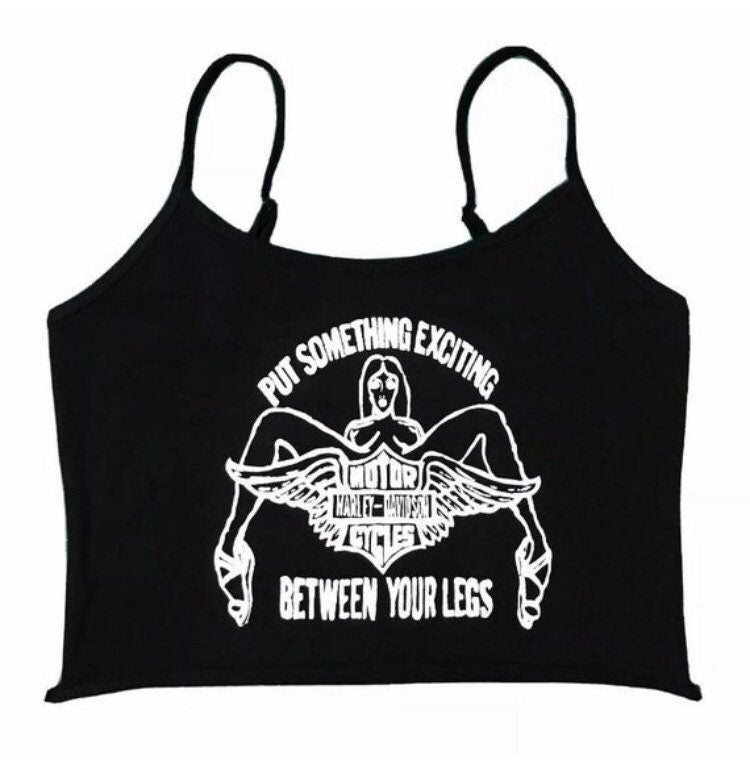Black cotton blend cropped tank top Exciting Harley Davidson print