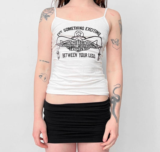 White camisole tank top with a vintage Harley Davidson print