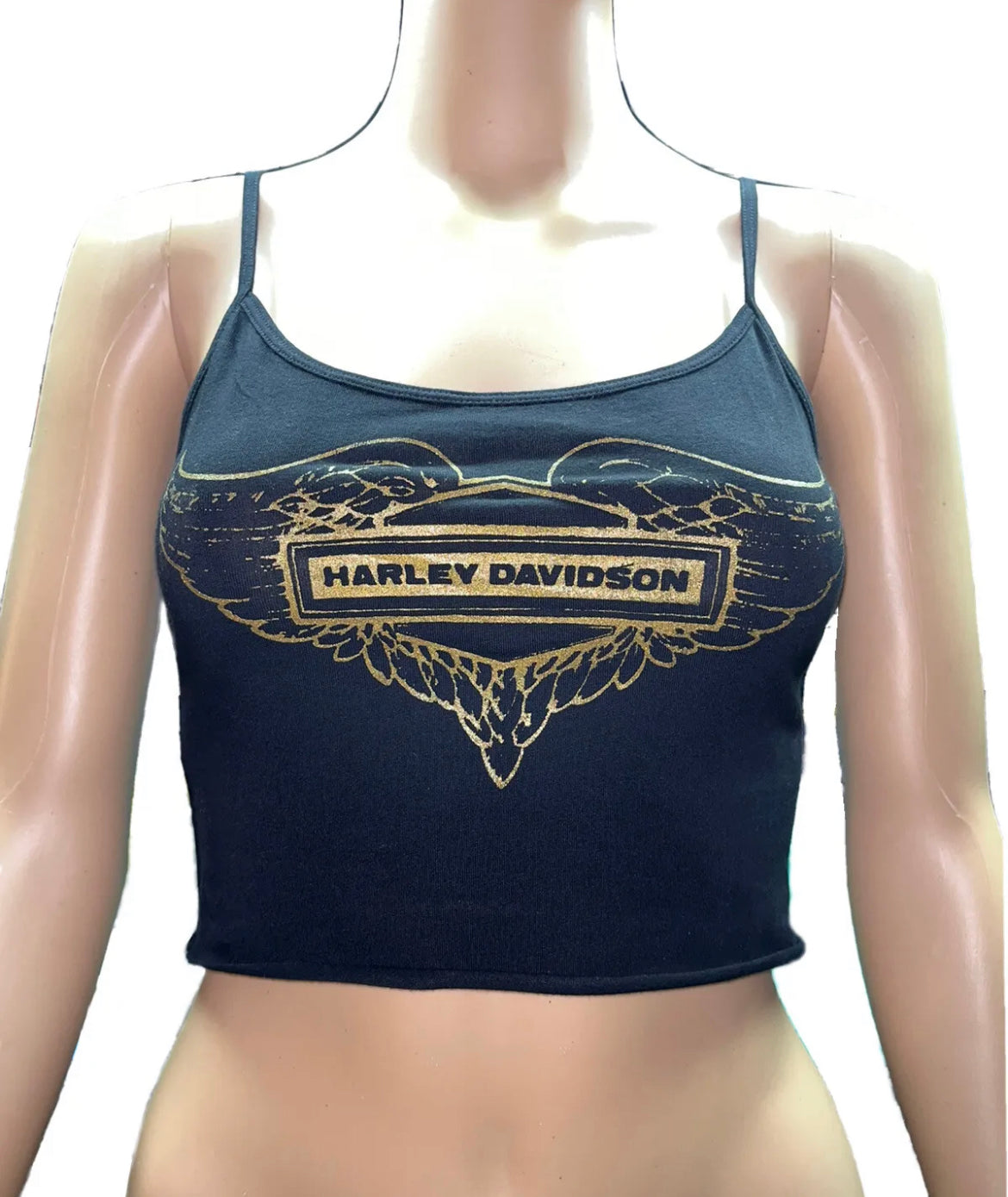 Black cropped tank top with a gold vintage Harley Davidson print