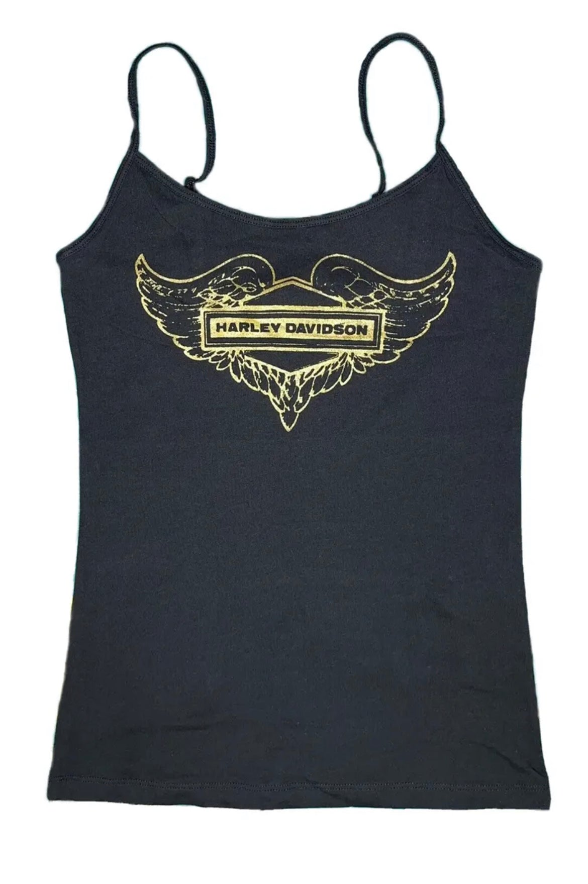 Black camisole tank top with a gold vintage Harley Davidson print