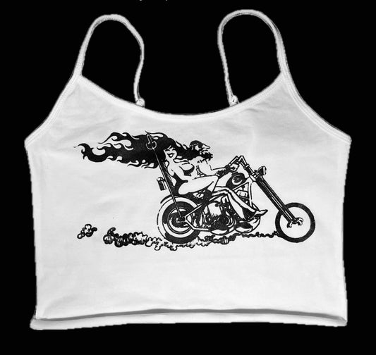 Easyriders Flames Panhead Chopper White Cropped Tank Top