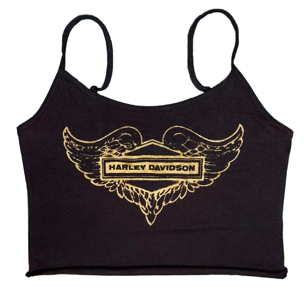 Black cropped tank top with a gold vintage Harley Davidson print