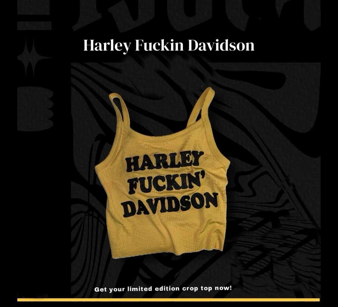 Harley Fuckin Davidson yellow ribbed cropped tank top