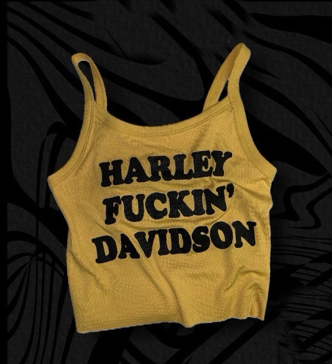 Harley Fuckin Davidson yellow ribbed cropped tank top