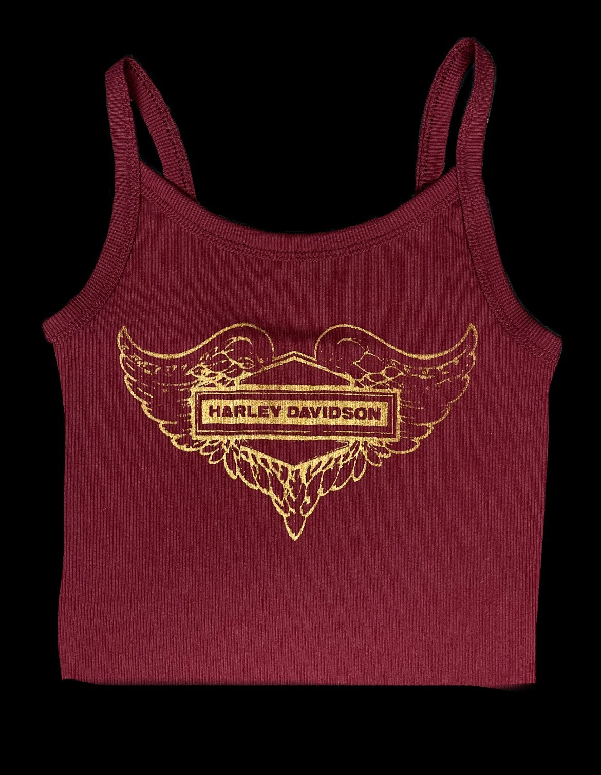 Maroon red ribbed cropped tank top with a gold vintage Harley Davidson print