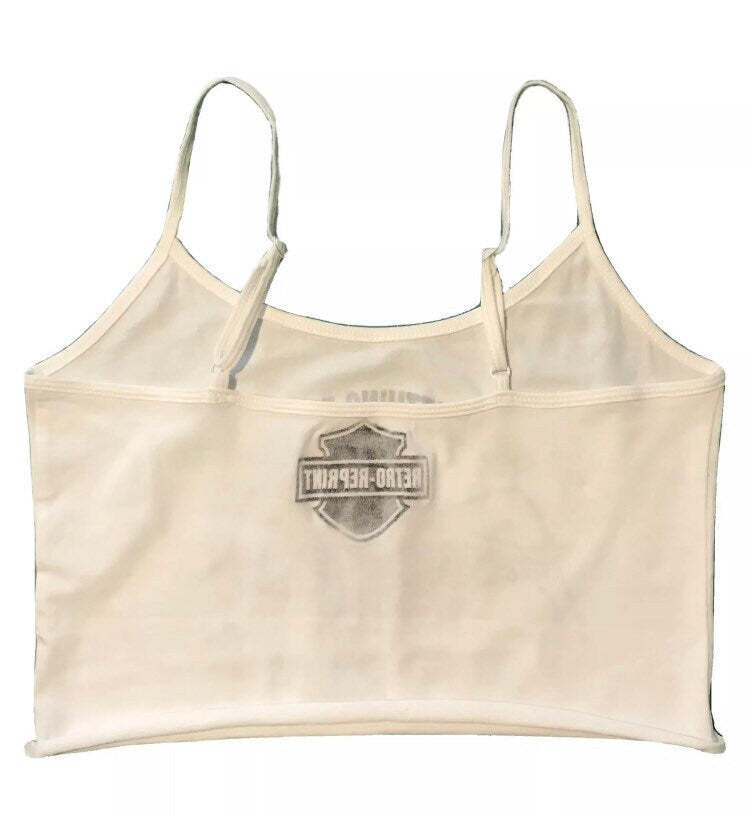 White cropped tank top with a vintage Harley Davidson print