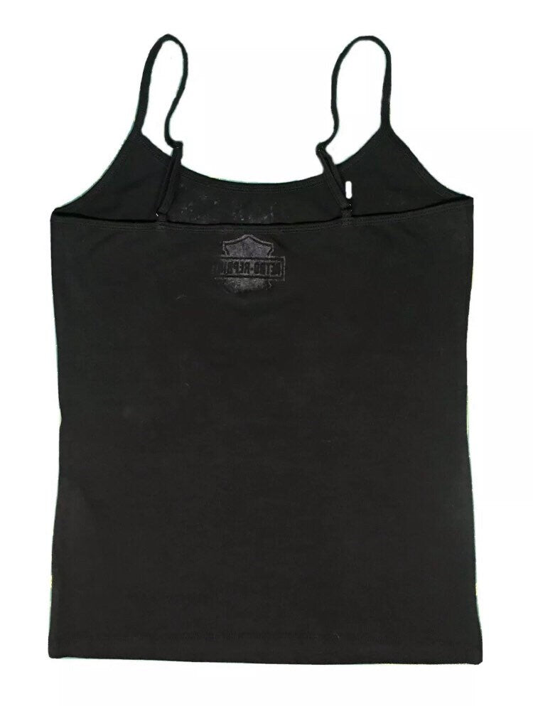 Black camisole tank top with a vintage Harley Davidson print