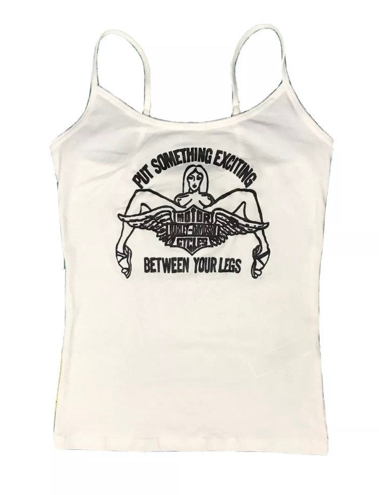 White camisole tank top with a vintage Harley Davidson print