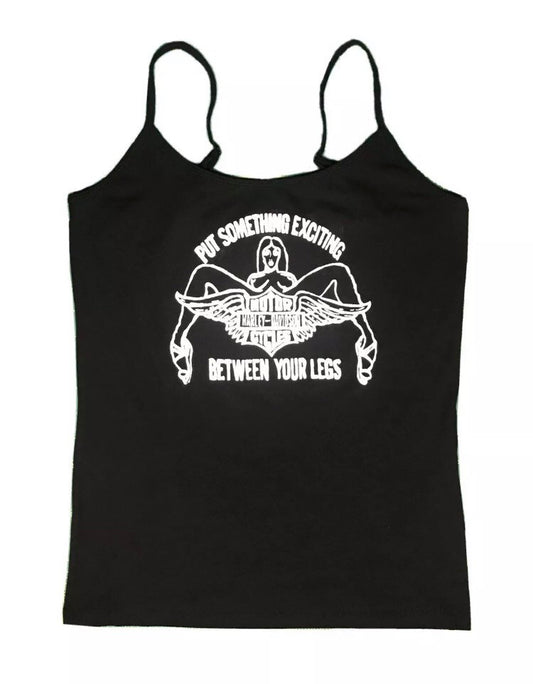 Black camisole tank top with a vintage Harley Davidson print