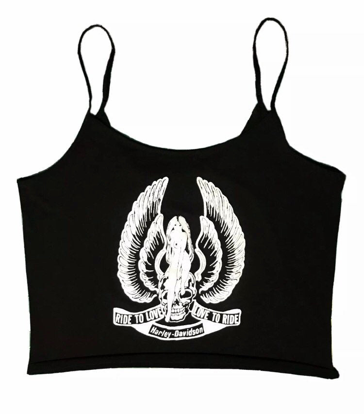 Black cropped tank top with a vintage Harley Davidson print Love