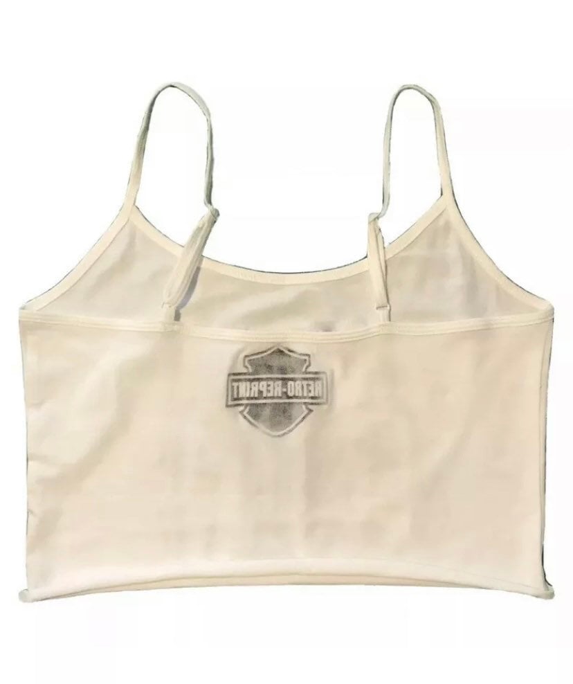 White cropped tank top with a vintage 80s Harley Davidson print