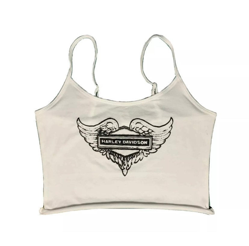 White cropped tank top with a vintage 80s Harley Davidson print