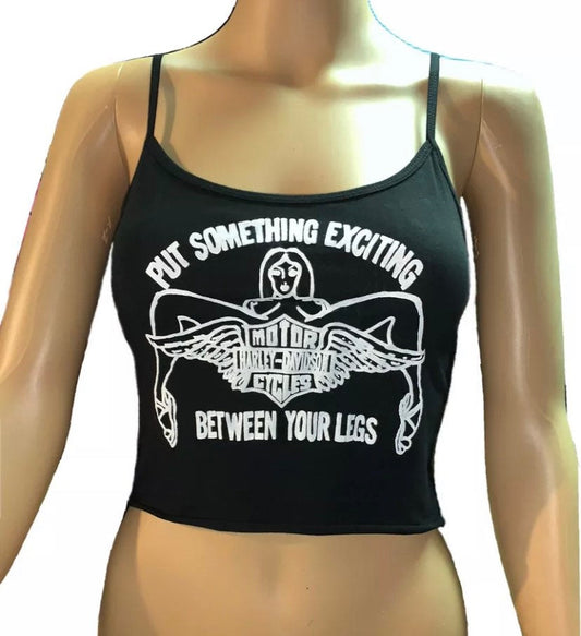 Black cotton blend cropped tank top Exciting Harley Davidson print