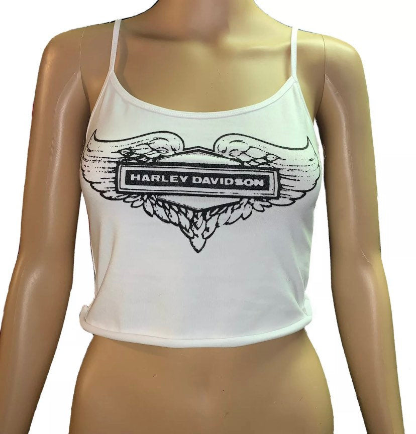 White cropped tank top with a vintage 80s Harley Davidson print