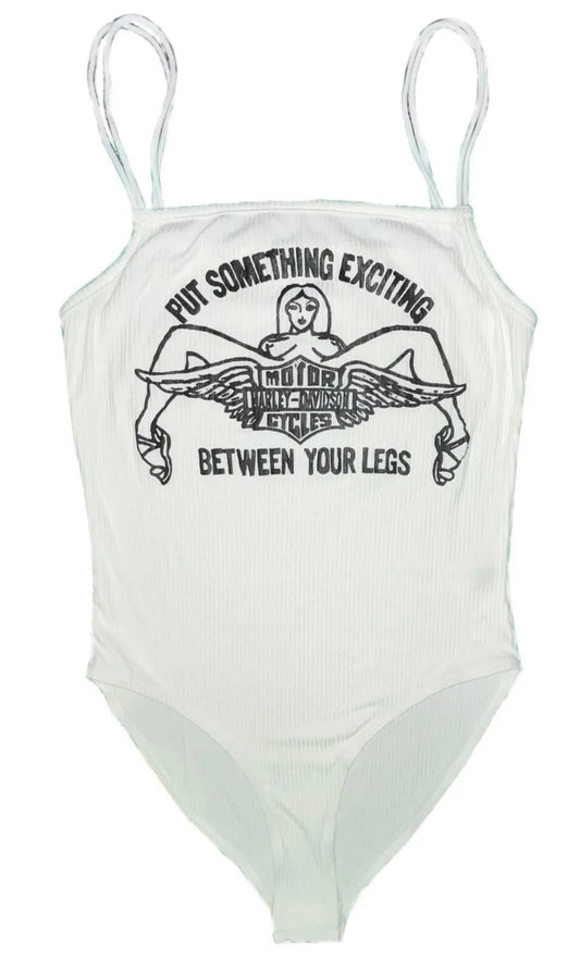 Put something exciting between your legs White ribbed BodySuit