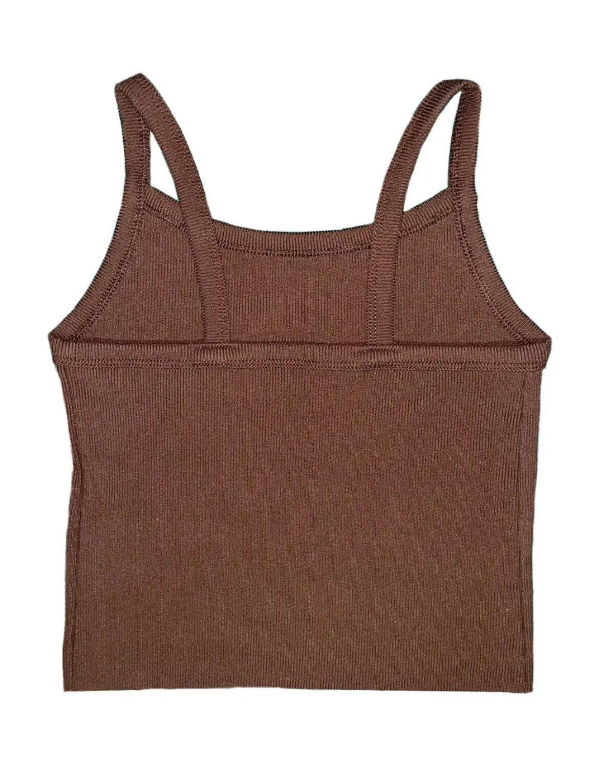 Brown ribbed cropped tank top with a gold vintage Harley Davidson print