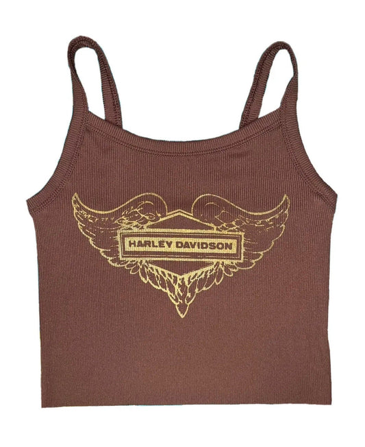 Brown ribbed cropped tank top with a gold vintage Harley Davidson print