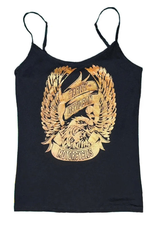 Black camisole tank top with a vintage Harley Davidson print in gold