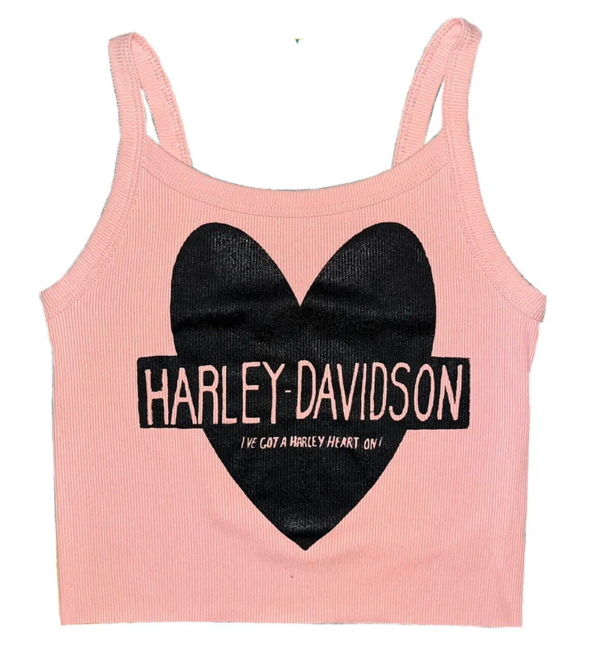 Pink ribbed cropped tank top with a vintage style Harley Davidson print I’ve got a Harley Heart on!