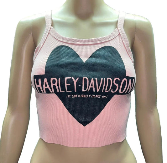 Pink ribbed cropped tank top with a vintage style Harley Davidson print I’ve got a Harley Heart on!